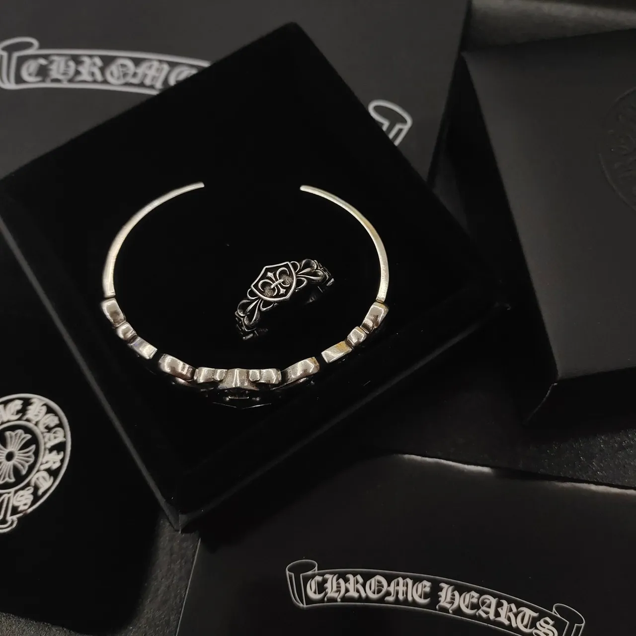 Chrome Hearts Silver Open Cuff Shield Motif Bracelet 2