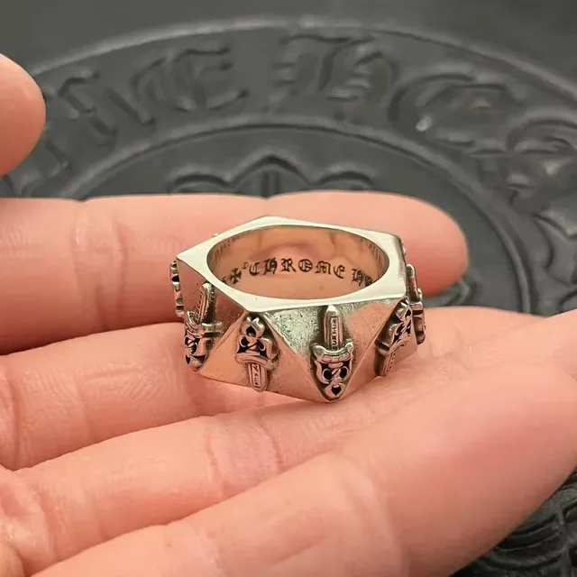 Chrome Hearts Triangular Cross Dagger Silver Geometric Band Oxidized Finish Ring 4