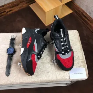 Christian Dior Black Red Multi-Layered Sole Asymmetrical Lace Cage Chunky Sneakers