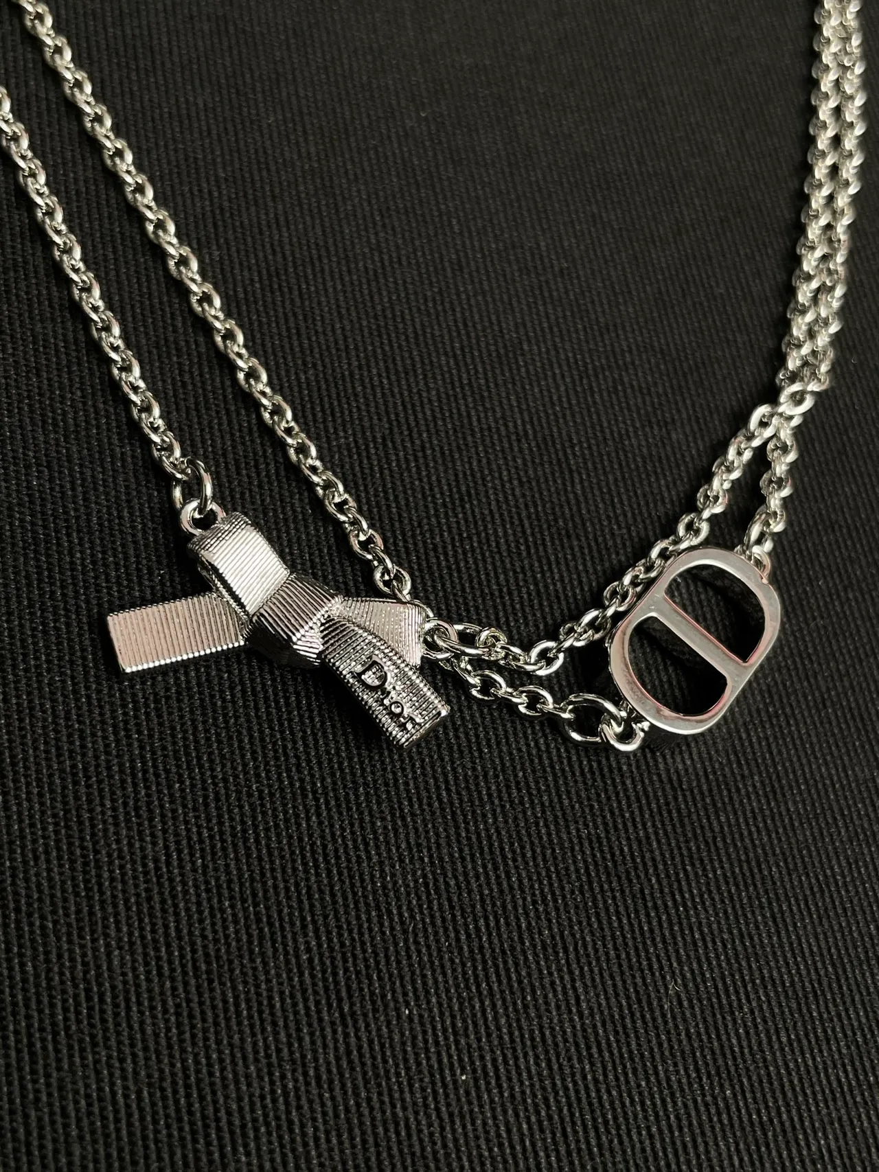Dior Addict Silver Black Double-Chain Logo Pendant Necklace 2