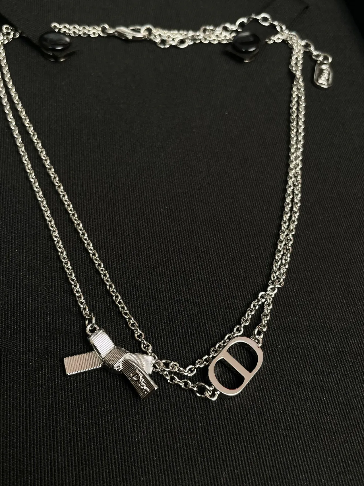 Dior Addict Silver Black Double-Chain Logo Pendant Necklace 3