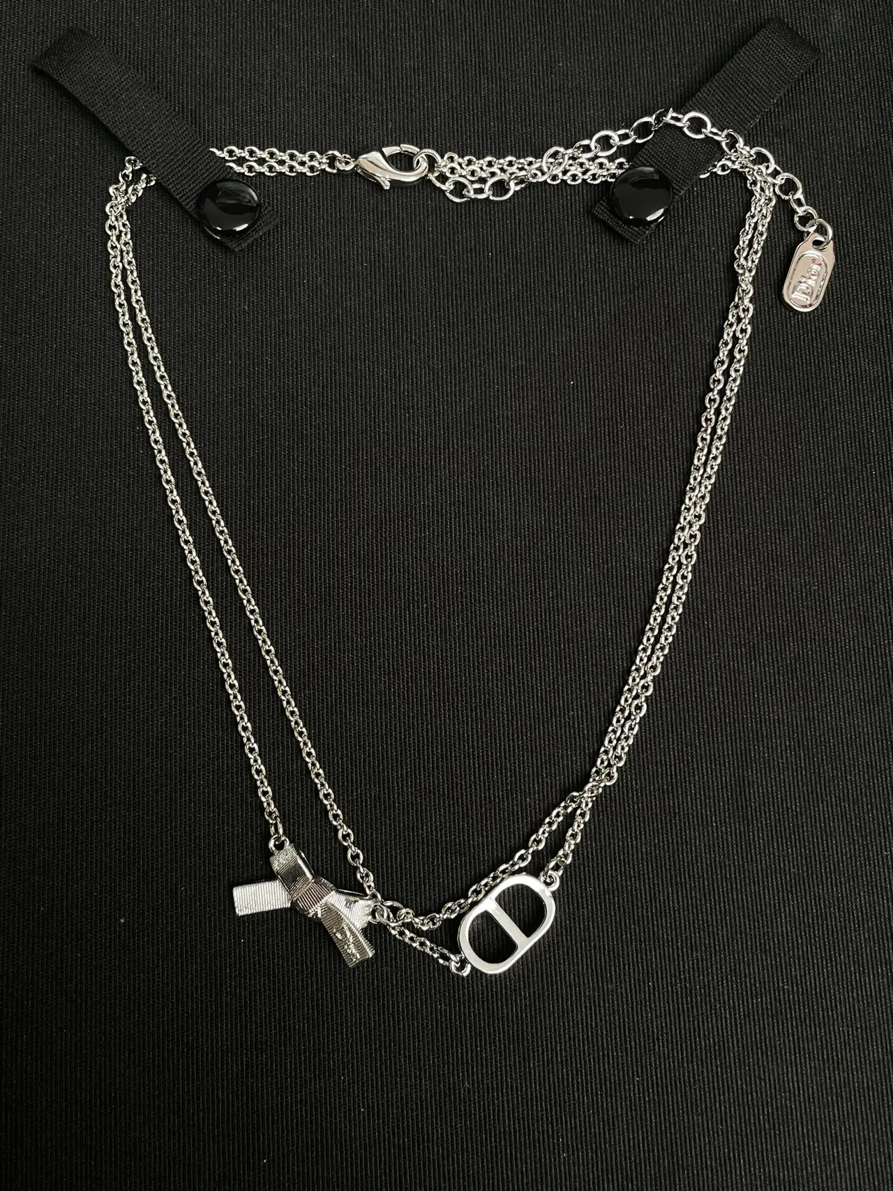 Dior Addict Silver Black Double-Chain Logo Pendant Necklace 5