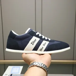ديور B22 Navy Beige جلد أنتي علوي خطوط مزدوجة بشعار حذاء رياضي lifestyle
