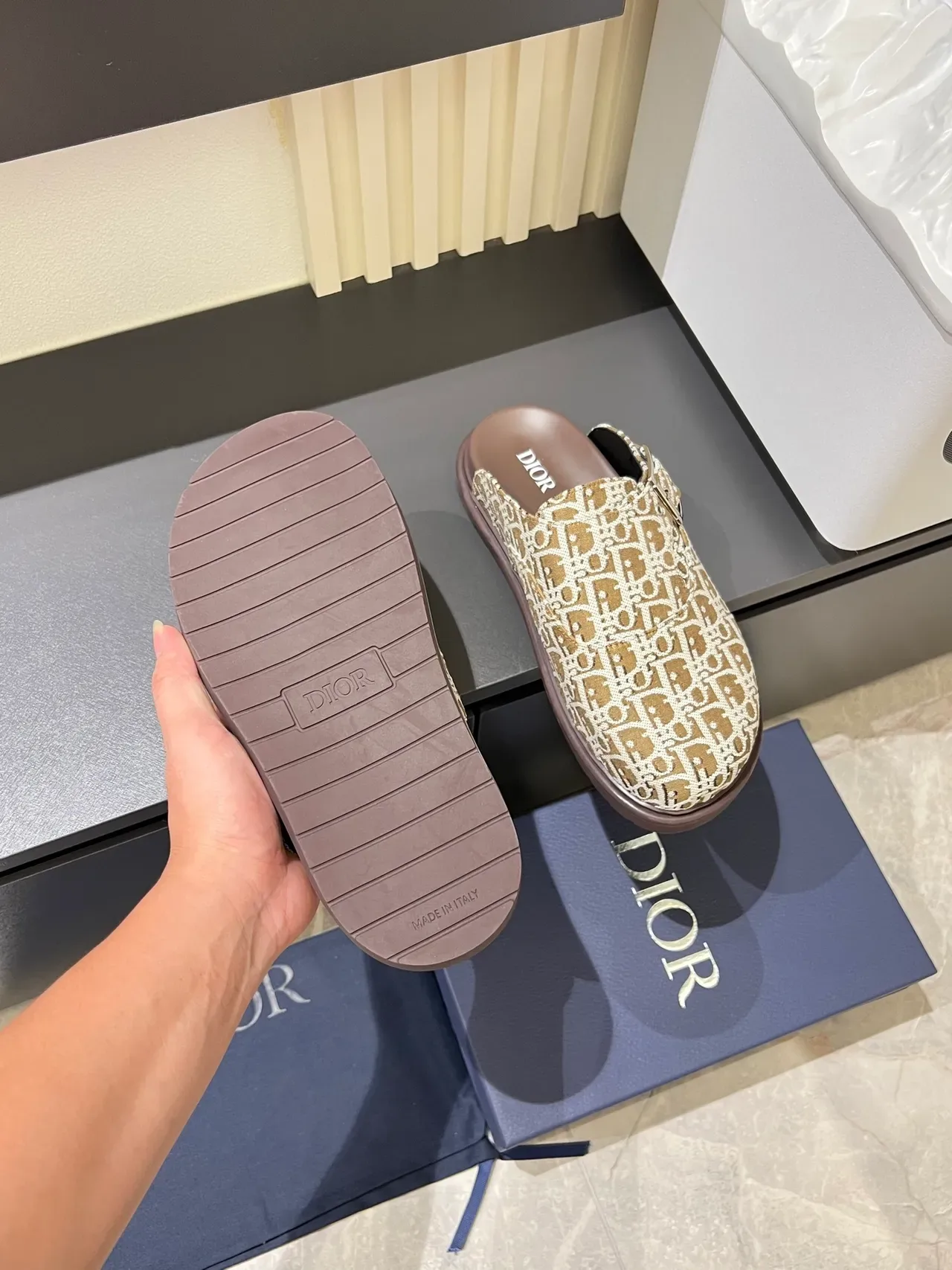 Dior B23 Beige Gray Monogrammed Buckle-Strap Loafer 4