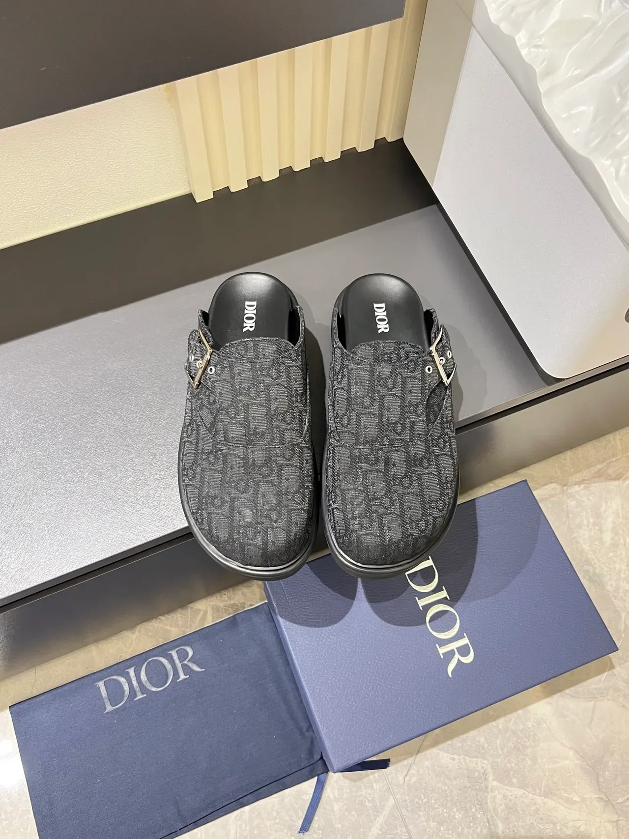 Dior B23 Beige Gray Monogrammed Buckle-Strap Loafer 5