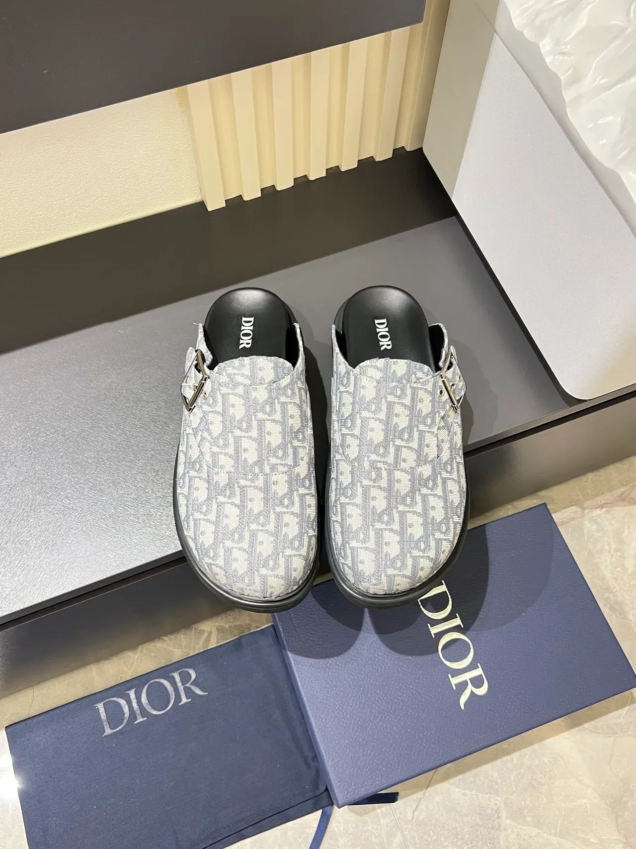 Dior B23 Beige Gray Monogrammed Buckle-Strap Loafer 6