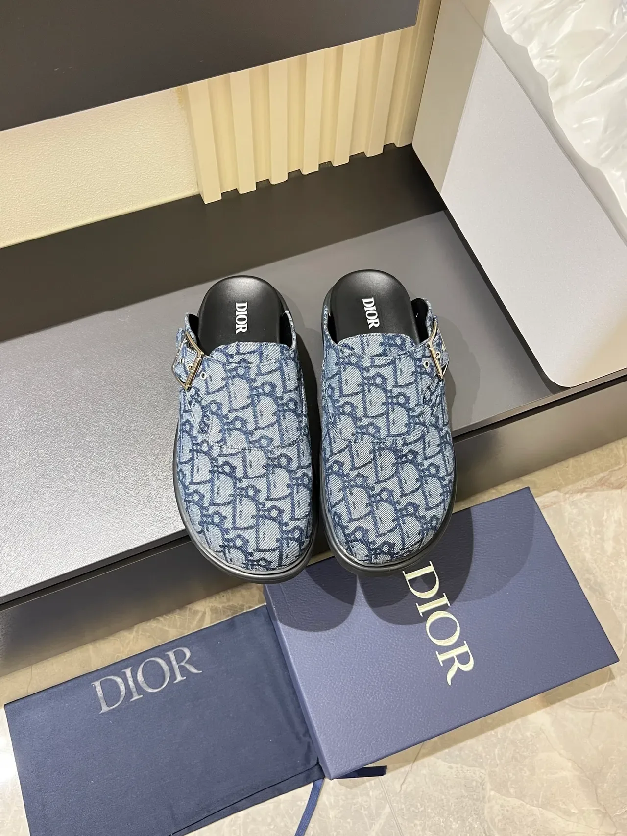 Dior B23 Beige Gray Monogrammed Buckle-Strap Loafer 7