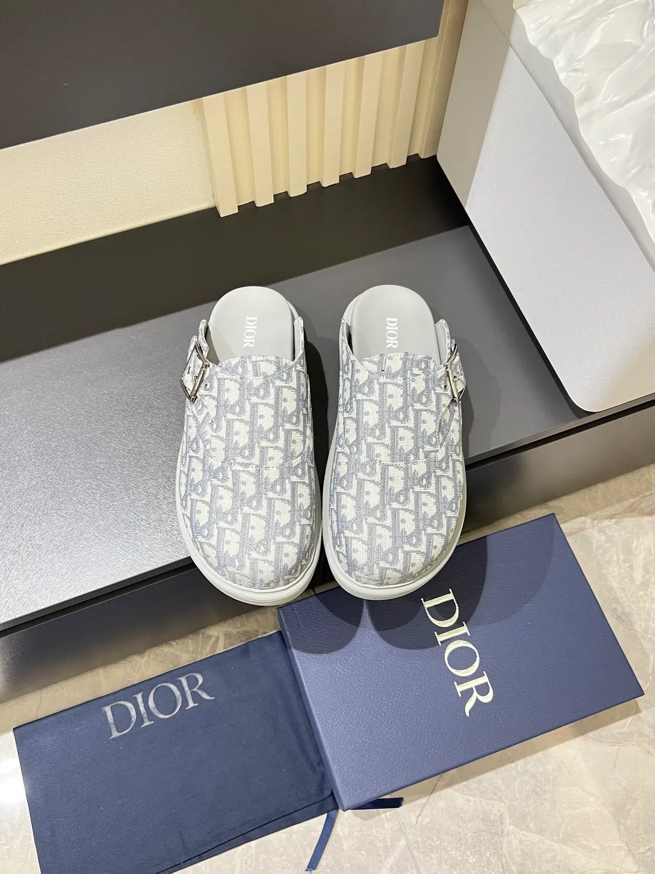 Dior B23 Beige Gray Monogrammed Buckle-Strap Loafer 8