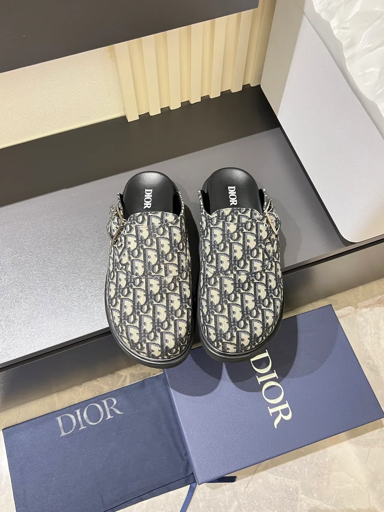 Dior B23 Beige Gray Monogrammed Buckle-Strap Loafer 9