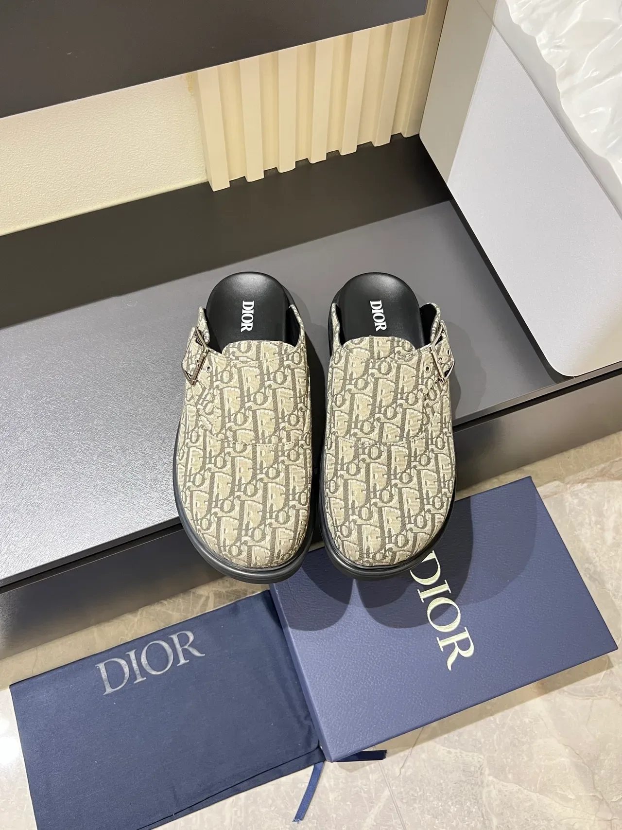 Dior B23 Beige Gray Monogrammed Buckle-Strap Loafer 10