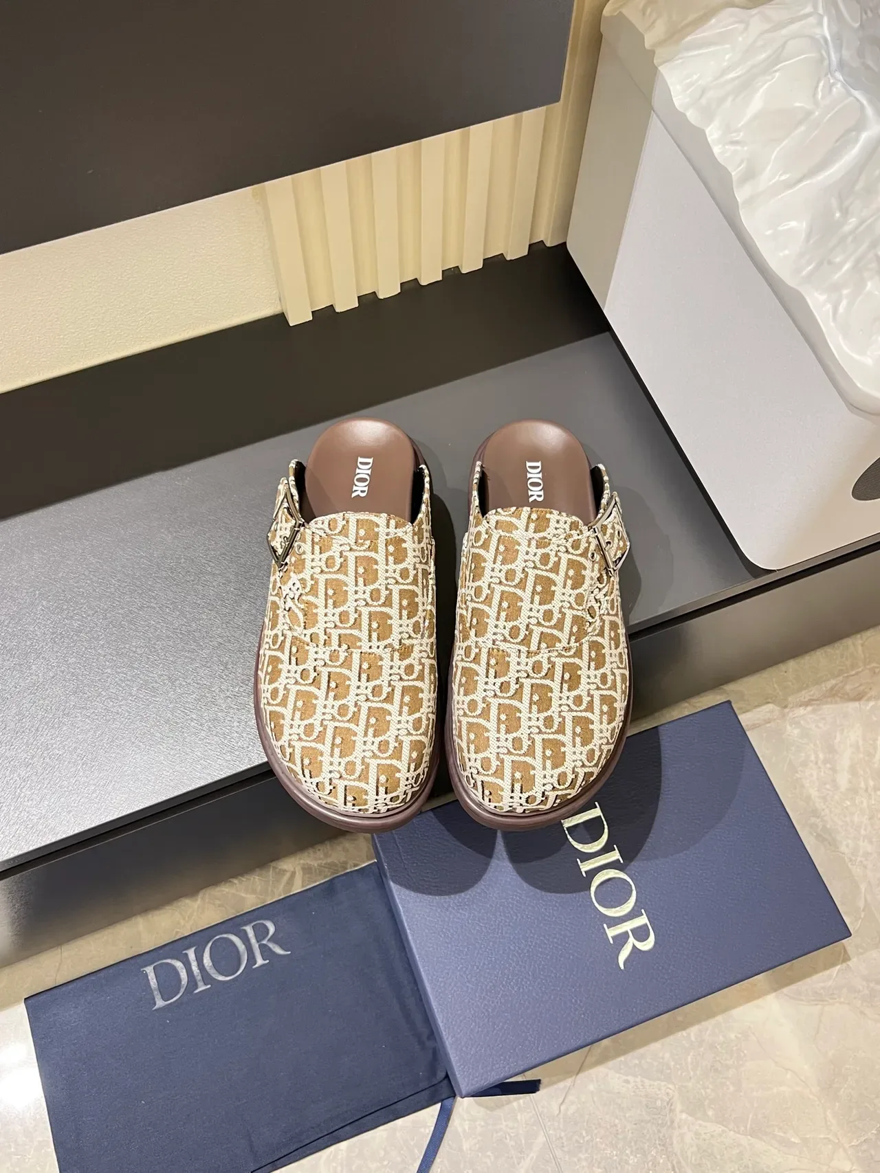 Dior B23 Beige Gray Monogrammed Buckle-Strap Loafer 13