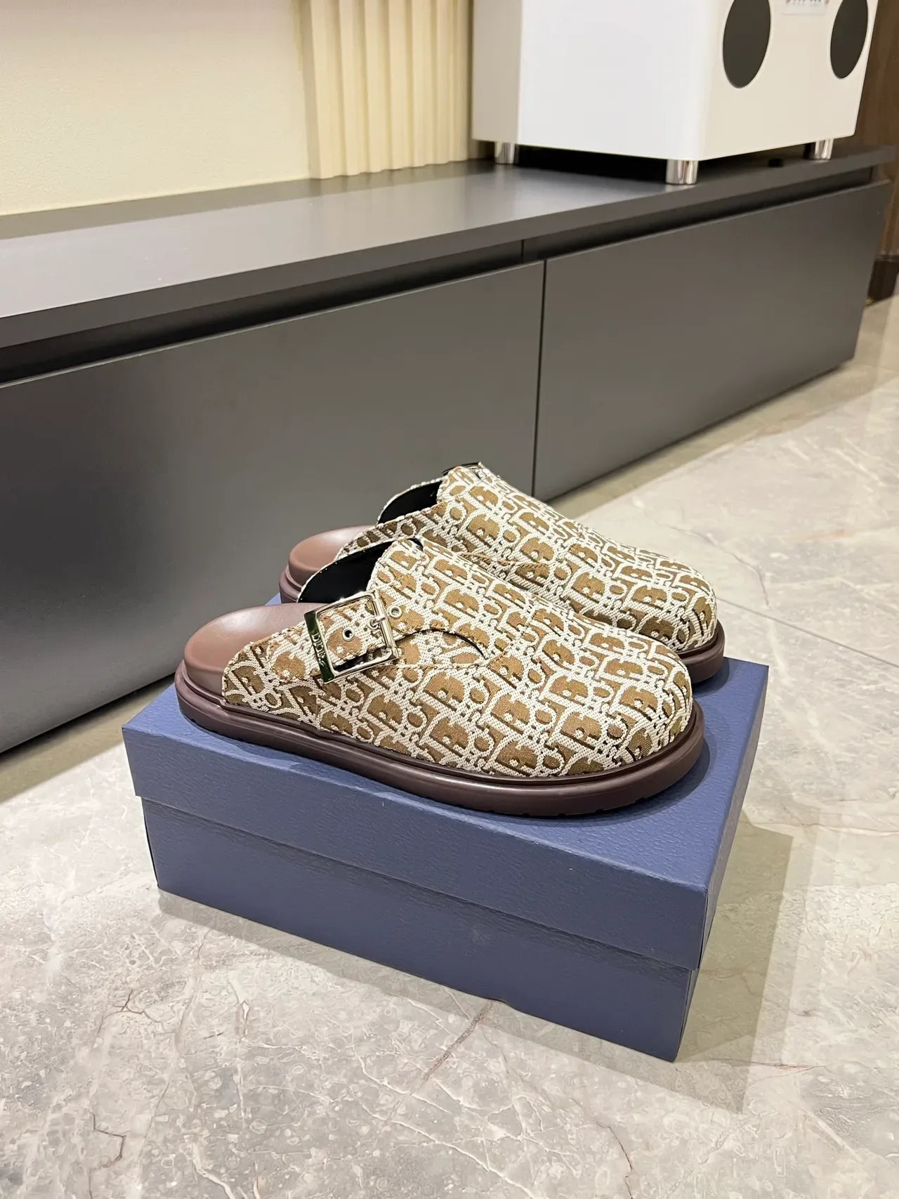 Dior B23 Beige Gray Monogrammed Buckle-Strap Loafer 22