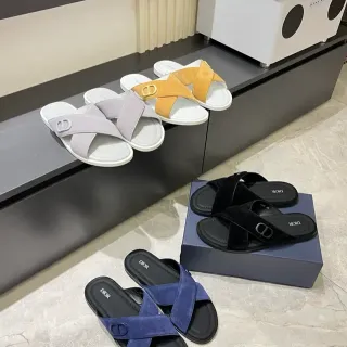 Dior B27 Black Navy Crossed Straps Metal CD Logo Buckle Slippers
