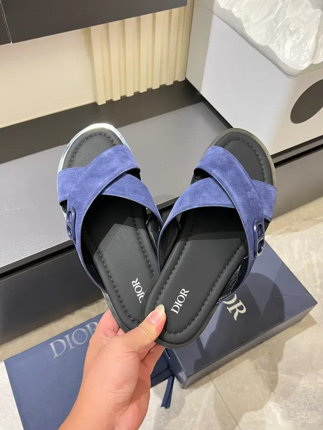 Dior B27 Black Navy Crossed Straps Metal CD Logo Buckle Slippers 5