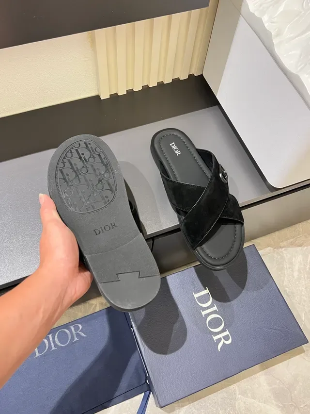 Dior B27 Black Navy Crossed Straps Metal CD Logo Buckle Slippers 6