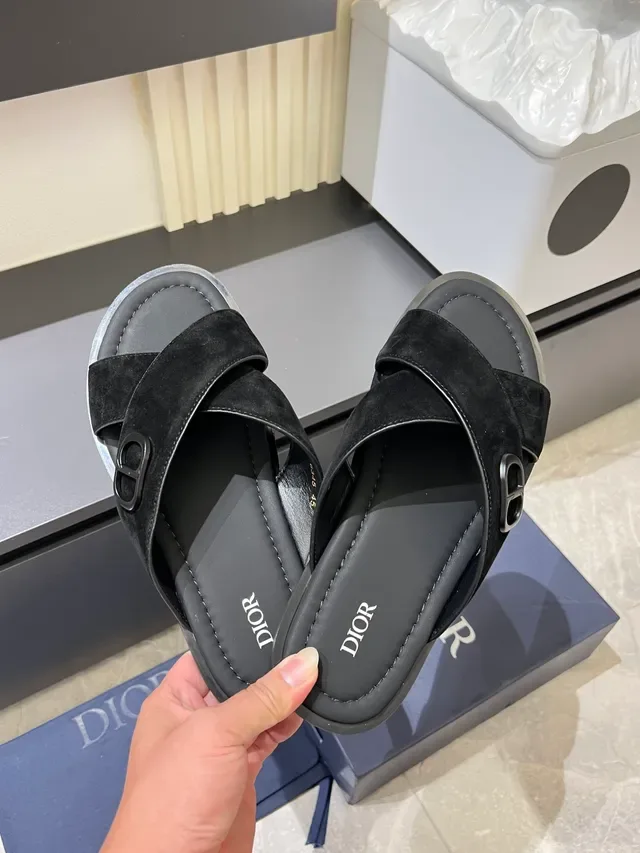 Dior B27 Black Navy Crossed Straps Metal CD Logo Buckle Slippers 7