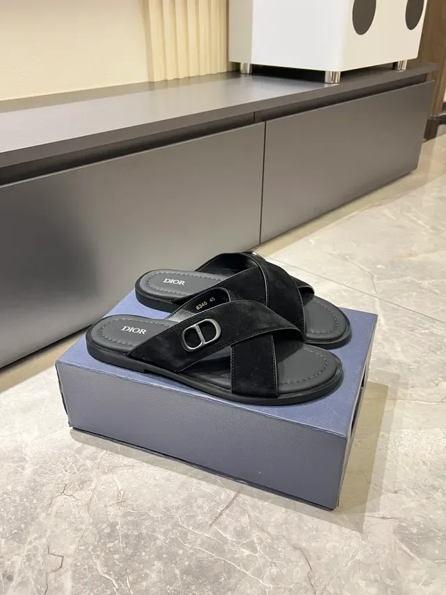 Dior B27 Black Navy Crossed Straps Metal CD Logo Buckle Slippers 11