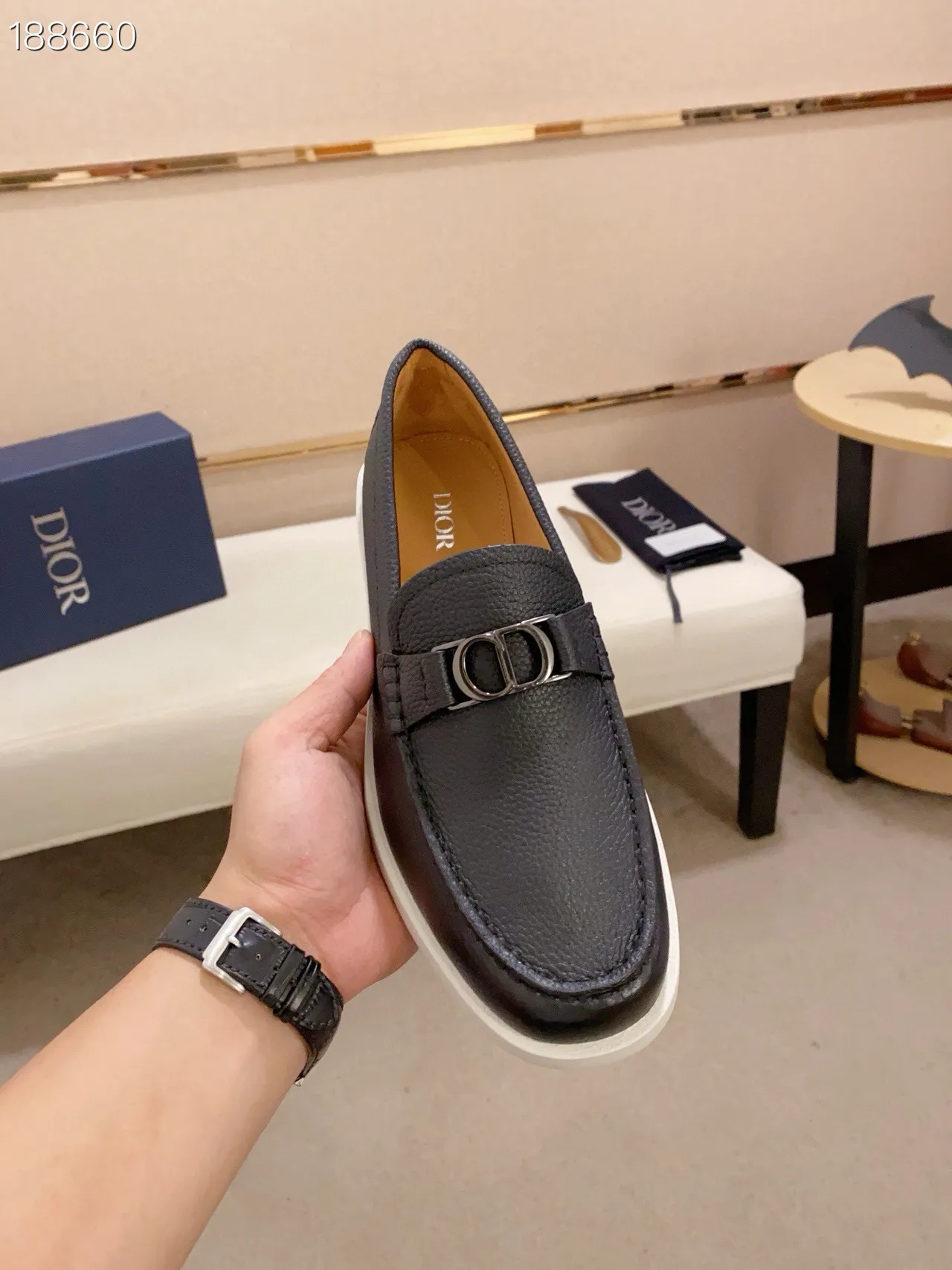 Dior B27 Black White Pebbled Leather CD Buckle Strap Loafer 4