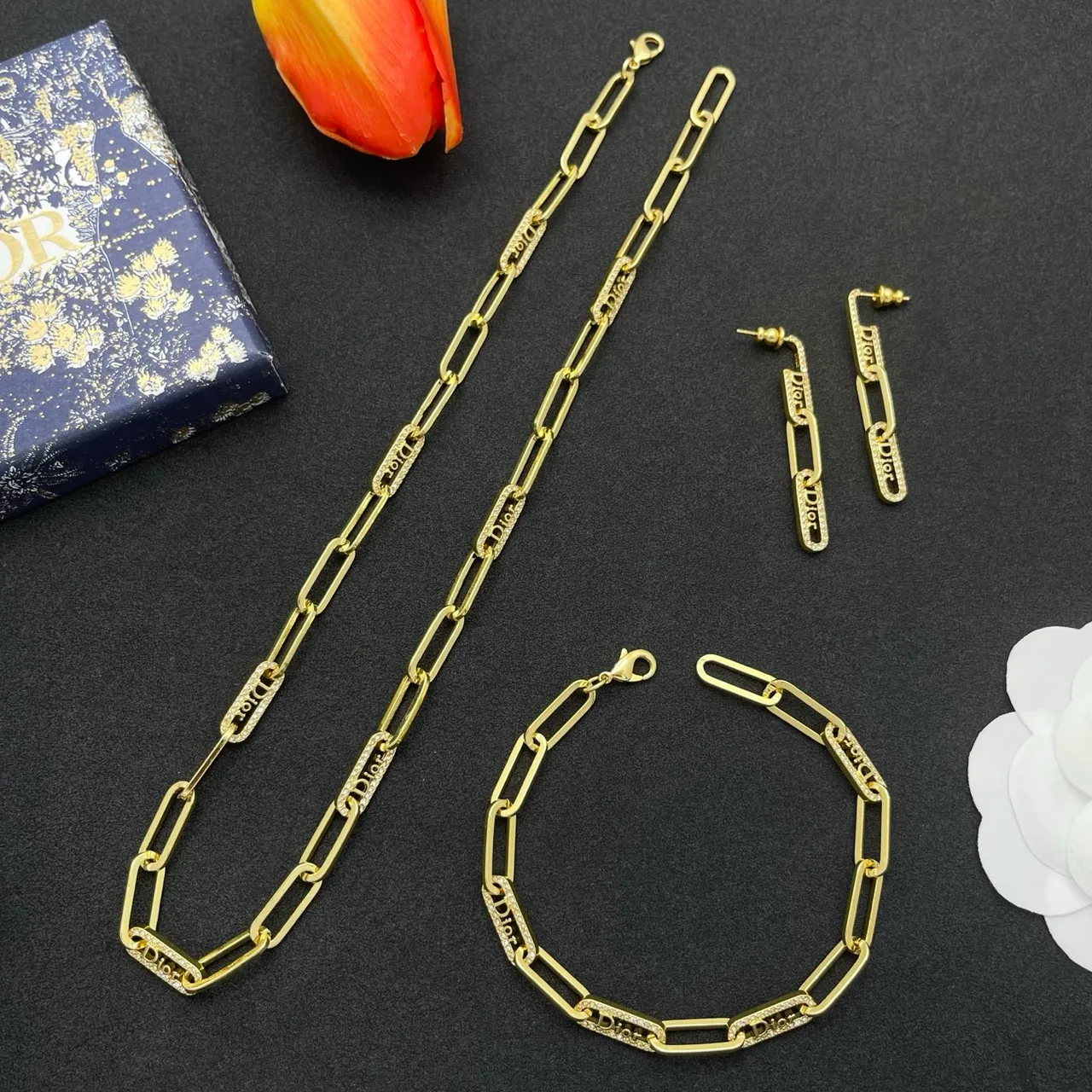 Dior B27 Gold Silver Paperclip Chain Pavé Crystal Embellishment Bracelet 2