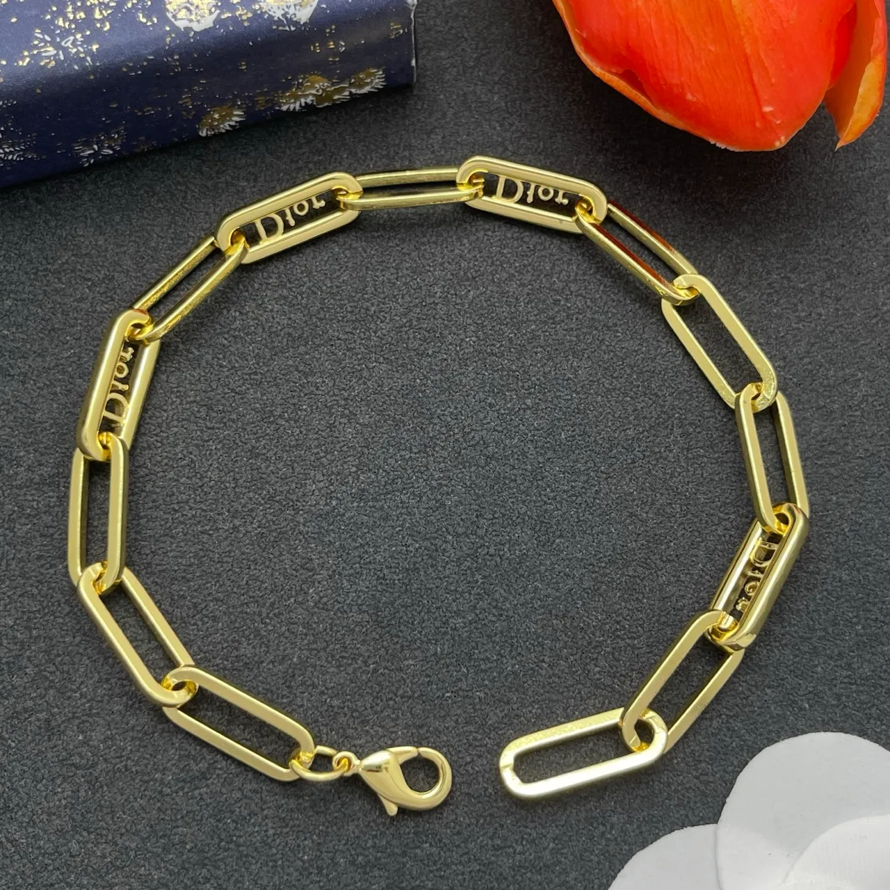 Dior B27 Gold Silver Paperclip Chain Pavé Crystal Embellishment Bracelet 4