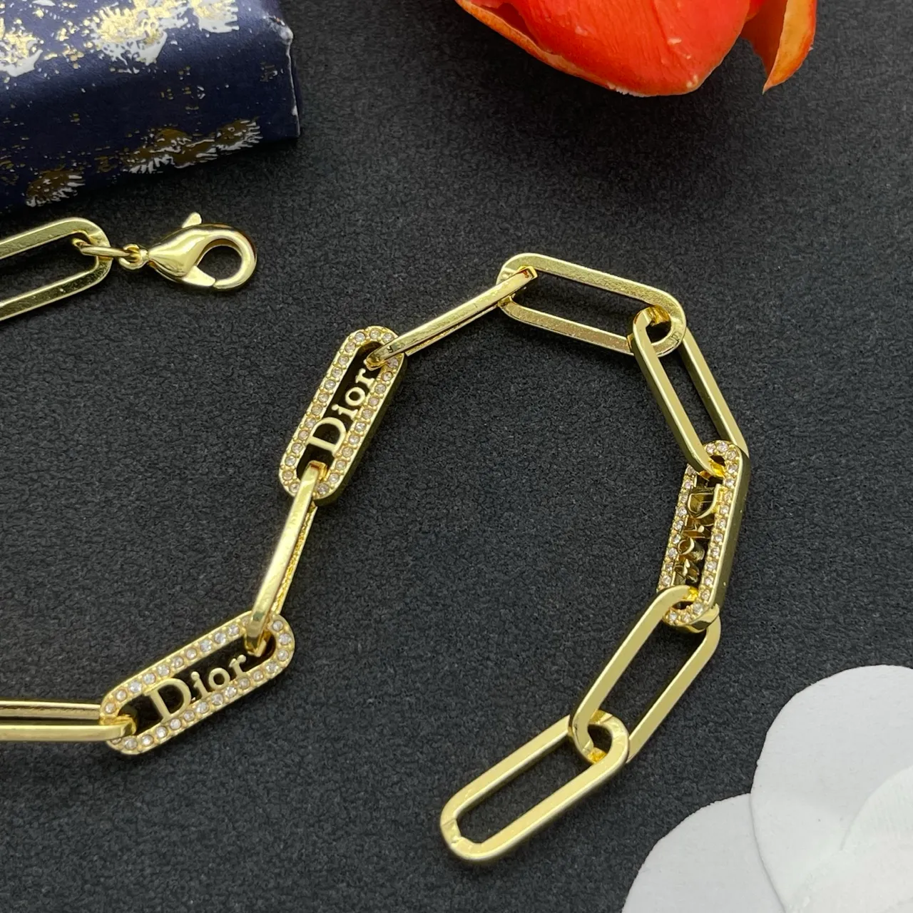 Dior B27 Gold Silver Paperclip Chain Pavé Crystal Embellishment Bracelet 5