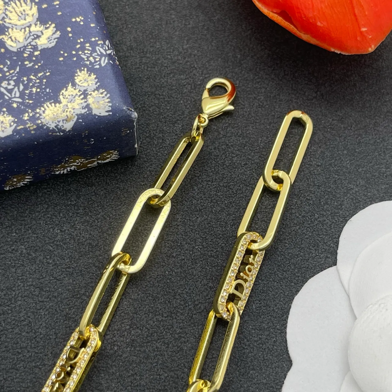 Dior B27 Gold Silver Paperclip Chain Pavé Crystal Embellishment Bracelet 6