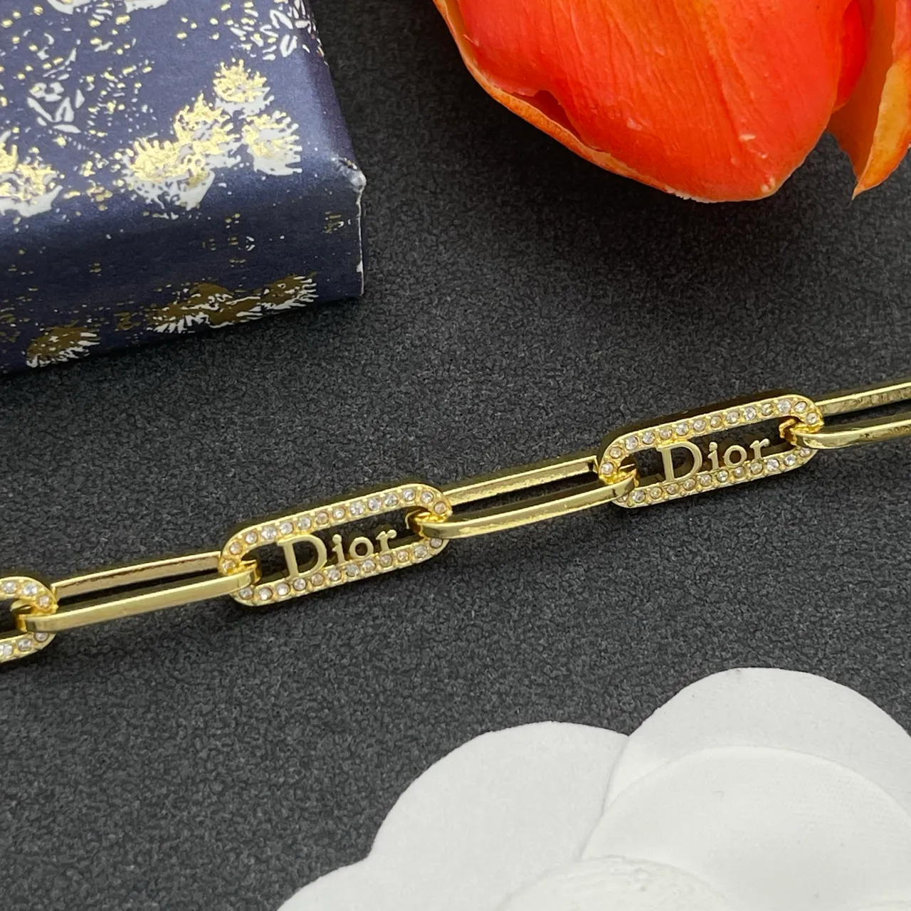Dior B27 Gold Silver Paperclip Chain Pavé Crystal Embellishment Bracelet 7