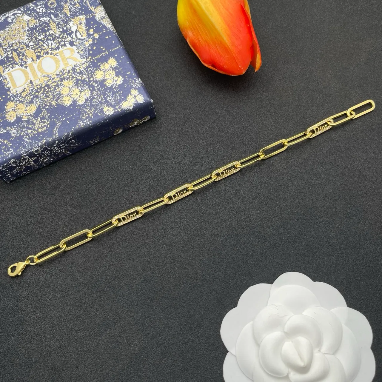 Dior B27 Gold Silver Paperclip Chain Pavé Crystal Embellishment Bracelet 8