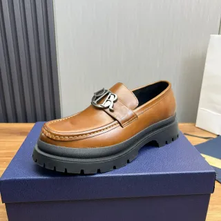Dior B27 Loafer Tan Leather Metal Buckle Chunky Sole Loafers