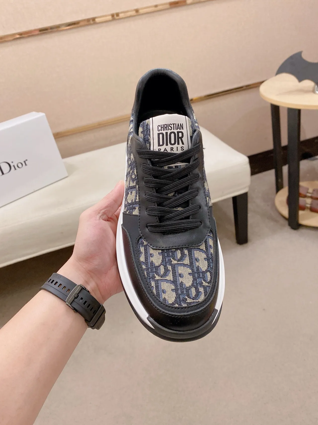 Dior Black Beige Monogrammed Textile Leather Overlays Chunky Sneakers 2