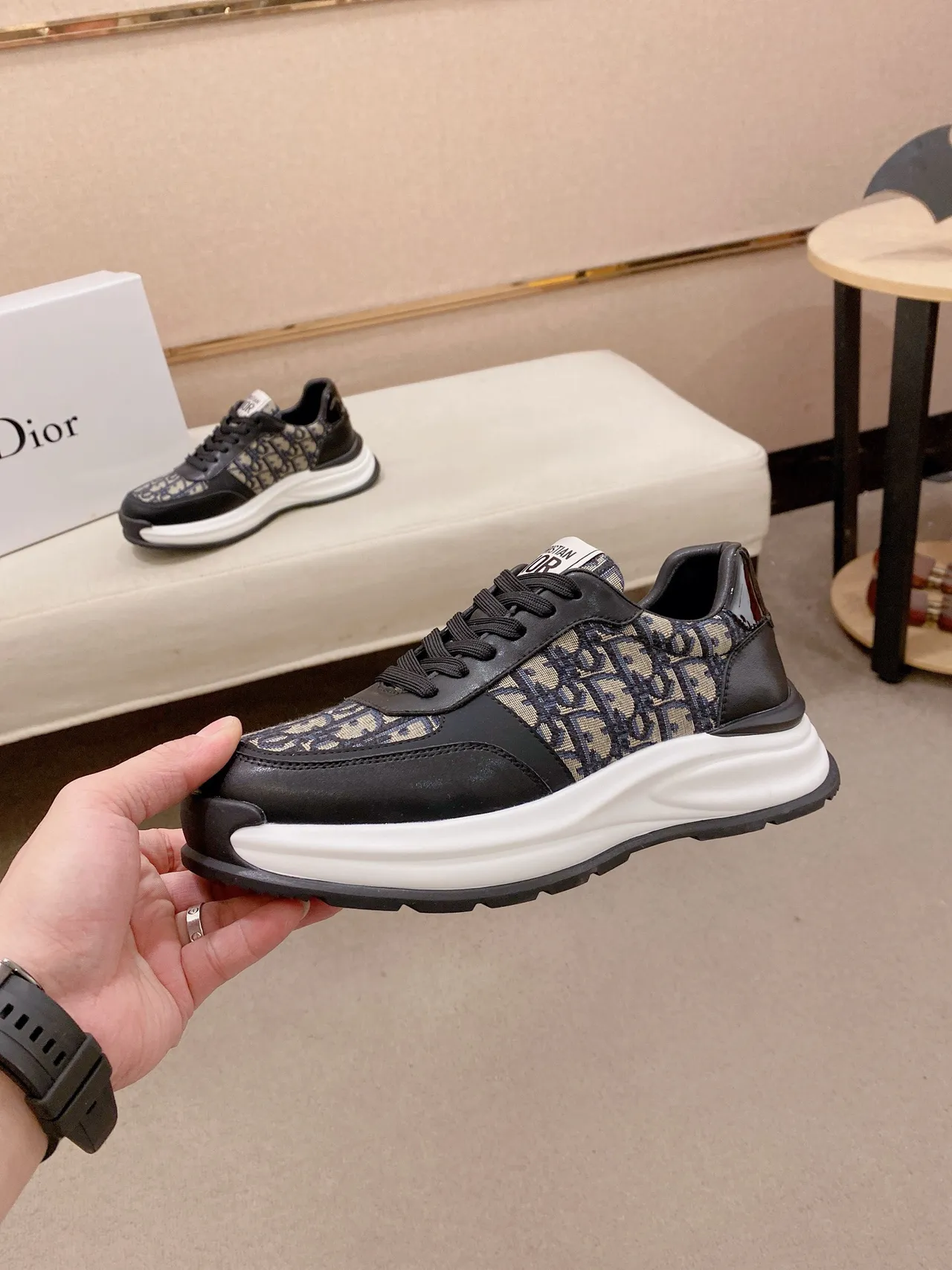 Dior Black Beige Monogrammed Textile Leather Overlays Chunky Sneakers 3