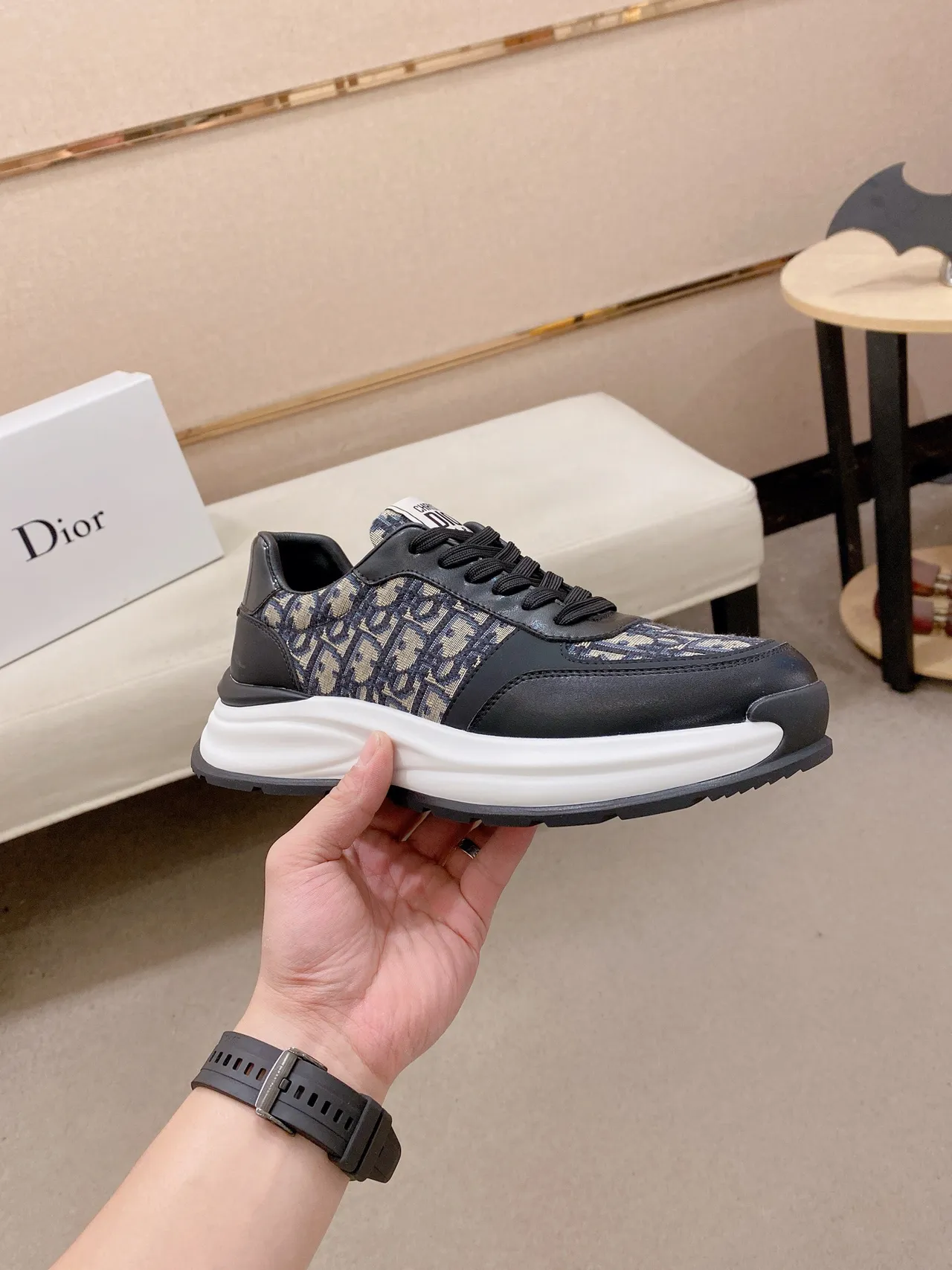 Dior Black Beige Monogrammed Textile Leather Overlays Chunky Sneakers 4