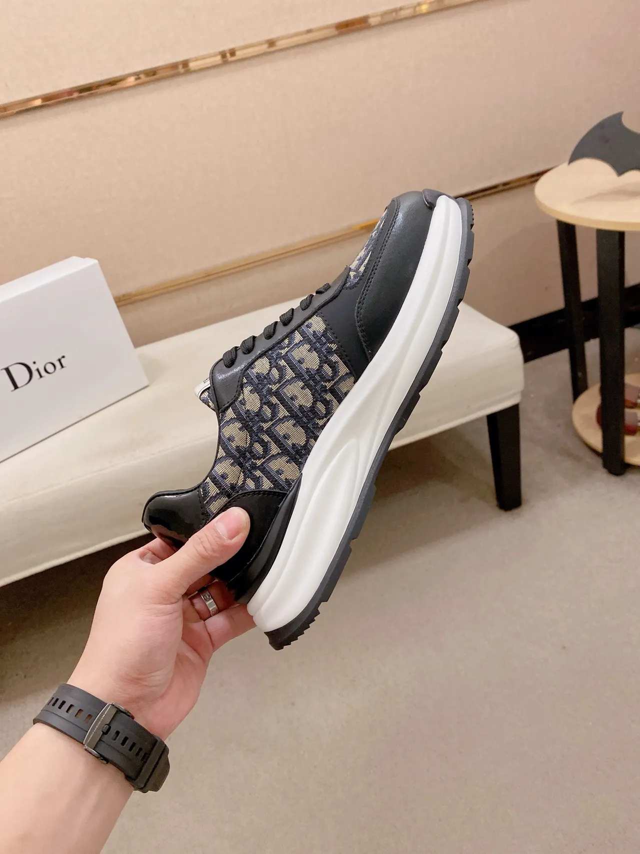 Dior Black Beige Monogrammed Textile Leather Overlays Chunky Sneakers 5