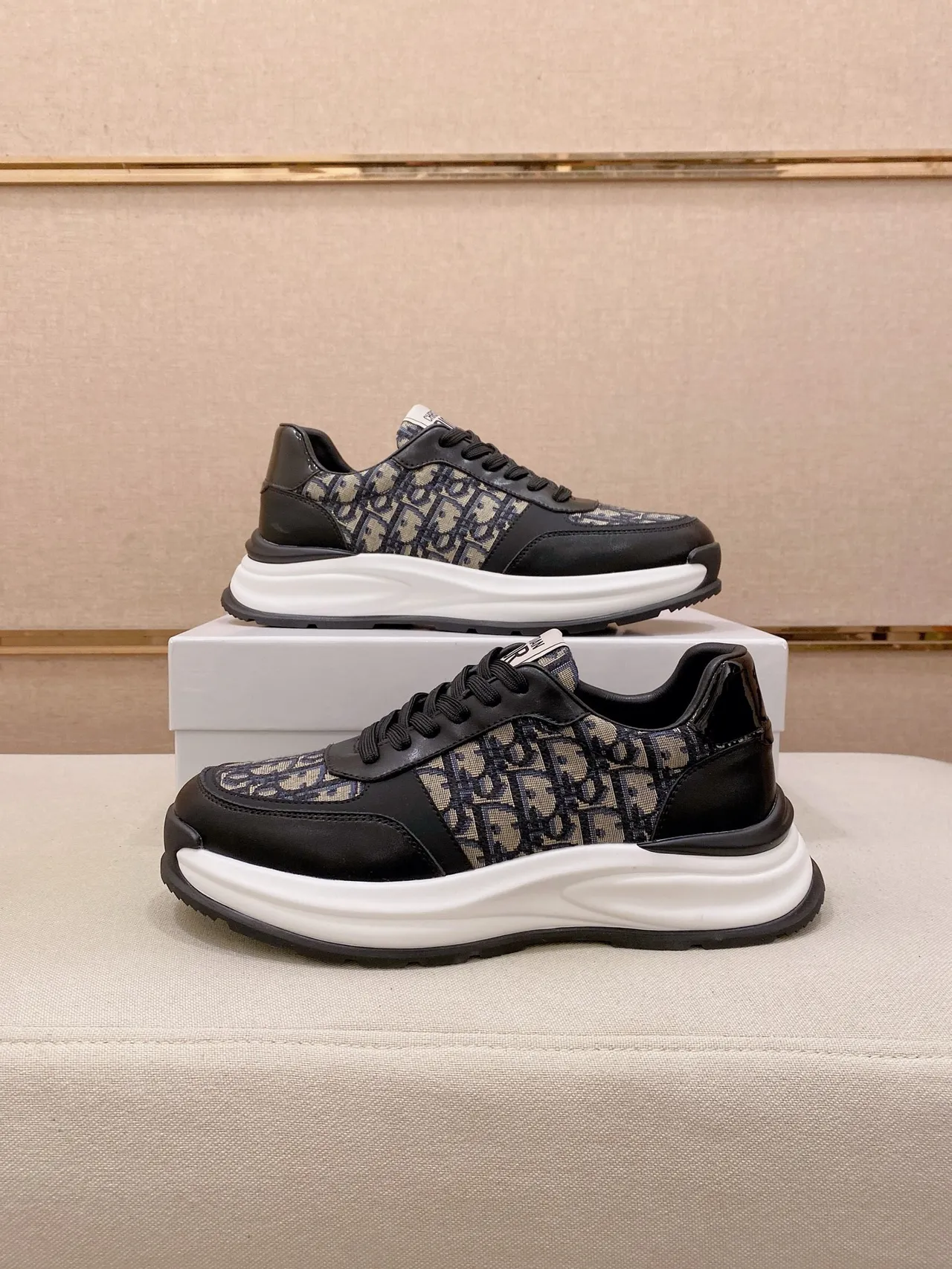 Dior Black Beige Monogrammed Textile Leather Overlays Chunky Sneakers 7