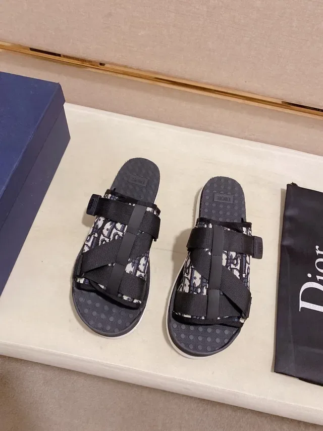 Dior Black Beige Oblique Jacquard Upper Dual Elastic Straps Slippers 4