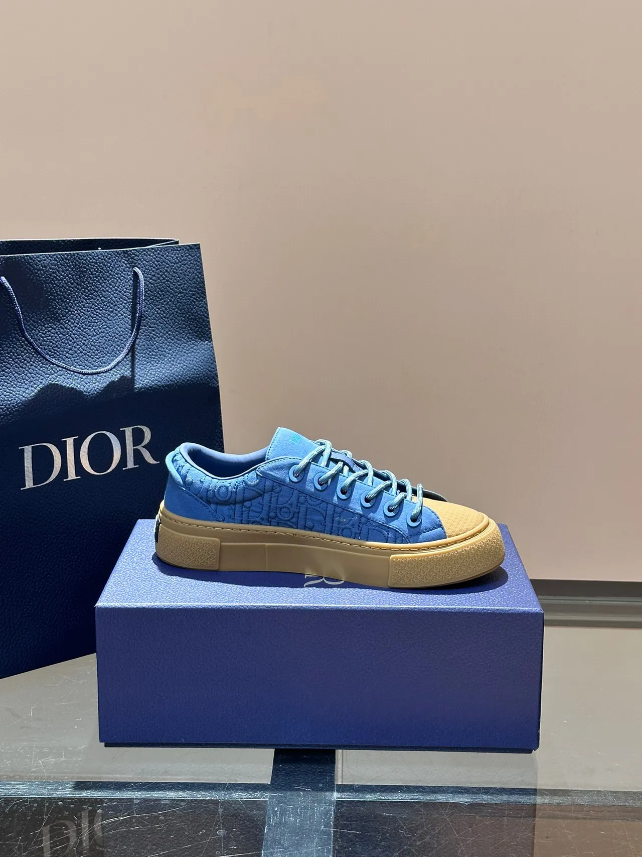 Dior Blue Beige Embossed Oblique Monogram Upper Thick Platform Sole Lifestyle Sneakers 6