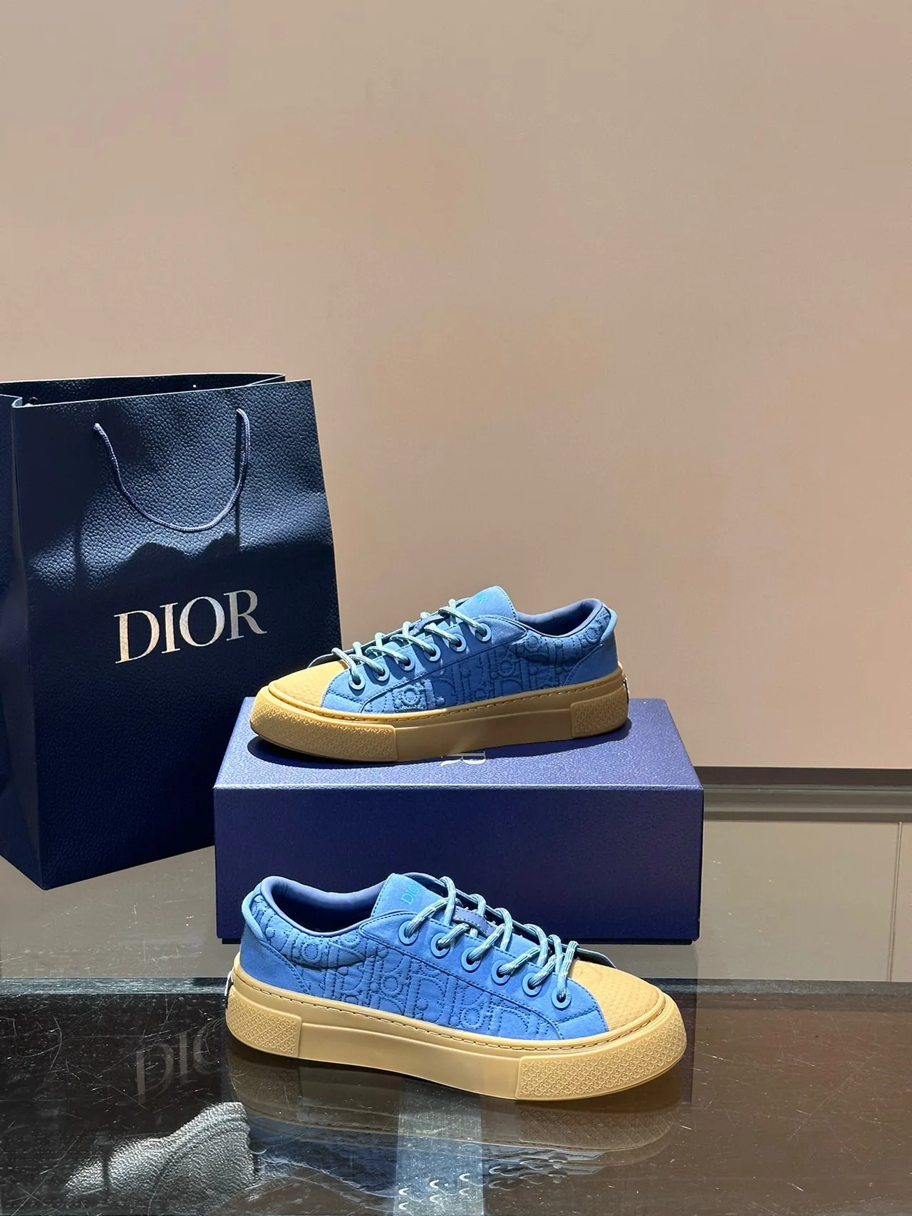 Dior Blue Beige Embossed Oblique Monogram Upper Thick Platform Sole Lifestyle Sneakers 7