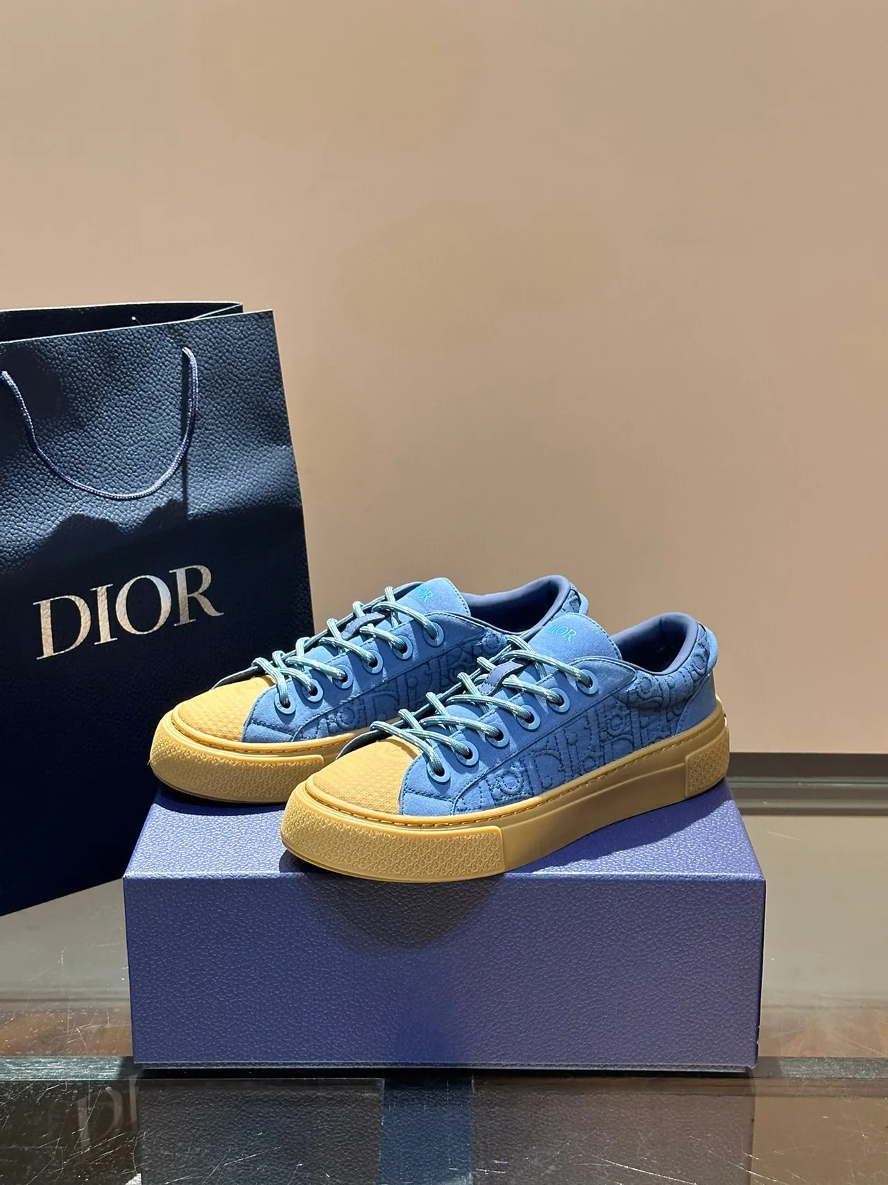 Dior Blue Beige Embossed Oblique Monogram Upper Thick Platform Sole Lifestyle Sneakers 8