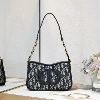 Dior Bobby Black Beige Monogrammed Canvas Leather Trim Chain Bag