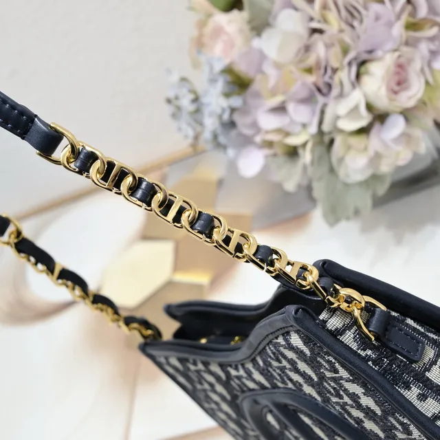 Dior Bobby Black Beige Monogrammed Canvas Leather Trim Chain Bag 6