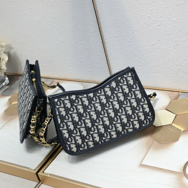 Dior Bobby Black Beige Monogrammed Canvas Leather Trim Chain Bag 8