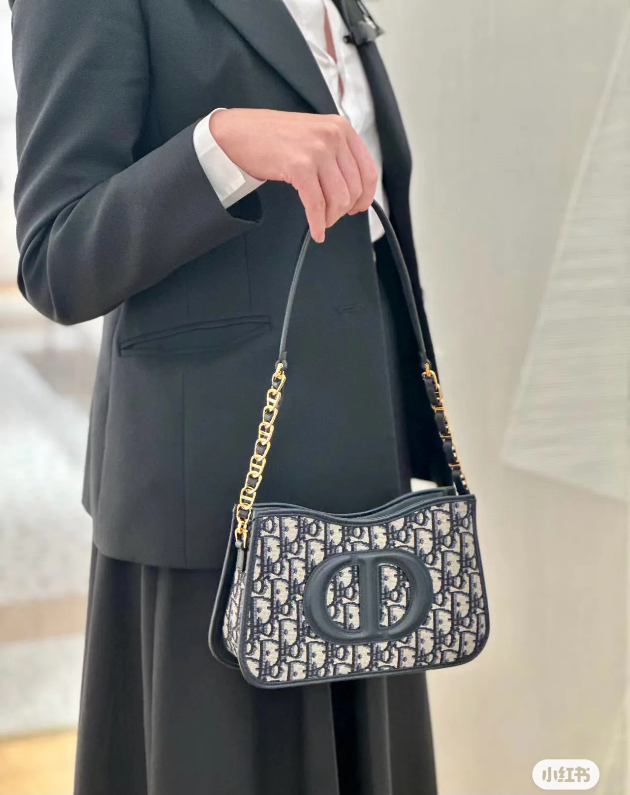Dior Bobby Black Beige Monogrammed Canvas Leather Trim Chain Bag 13