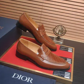 Dior Brown Black Polished Tan Leather Embossed Oblique Pattern Strap Loafer