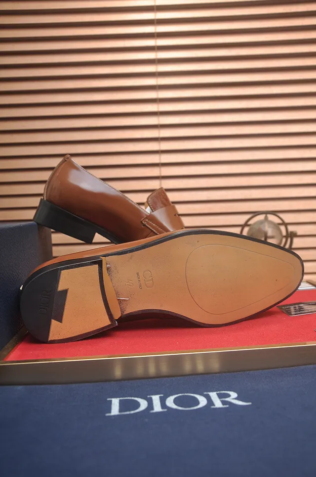 Dior Brown Black Polished Tan Leather Embossed Oblique Pattern Strap Loafer 4