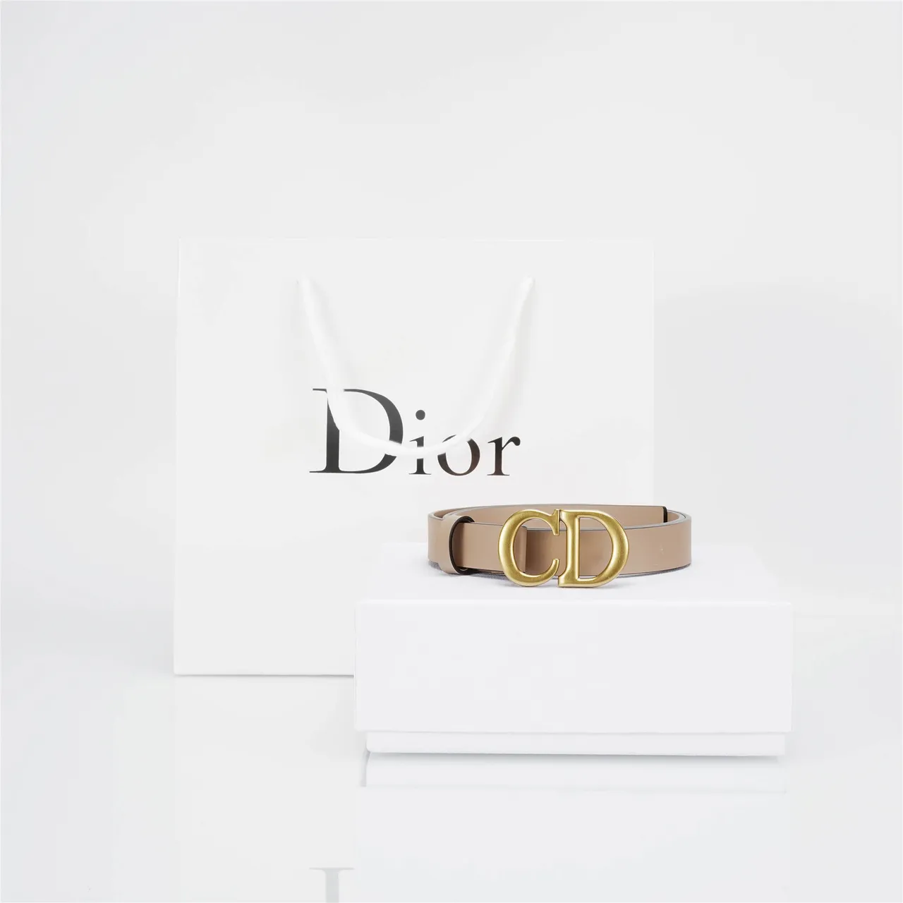 Dior CD Belt Beige Gold Narrow Brushed Buckle Leather Belt 4
