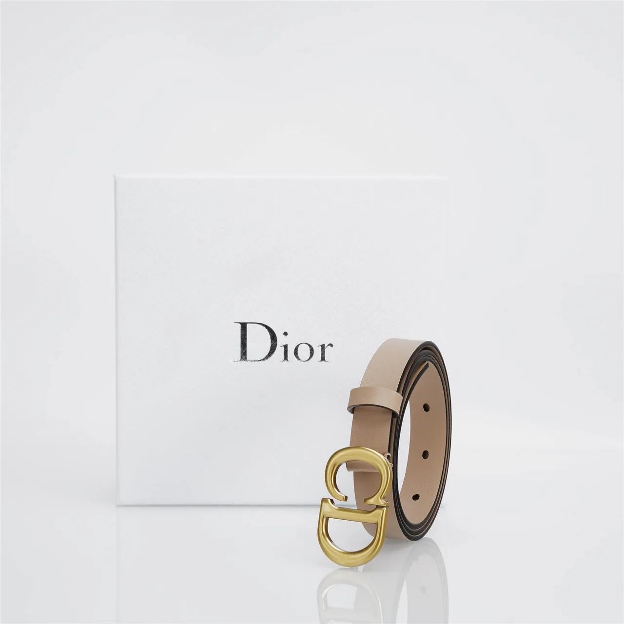 Dior CD Belt Beige Gold Narrow Brushed Buckle Leather Belt 5