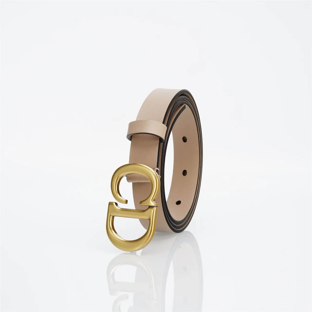 Dior CD Belt Beige Gold Narrow Brushed Buckle Leather Belt 6