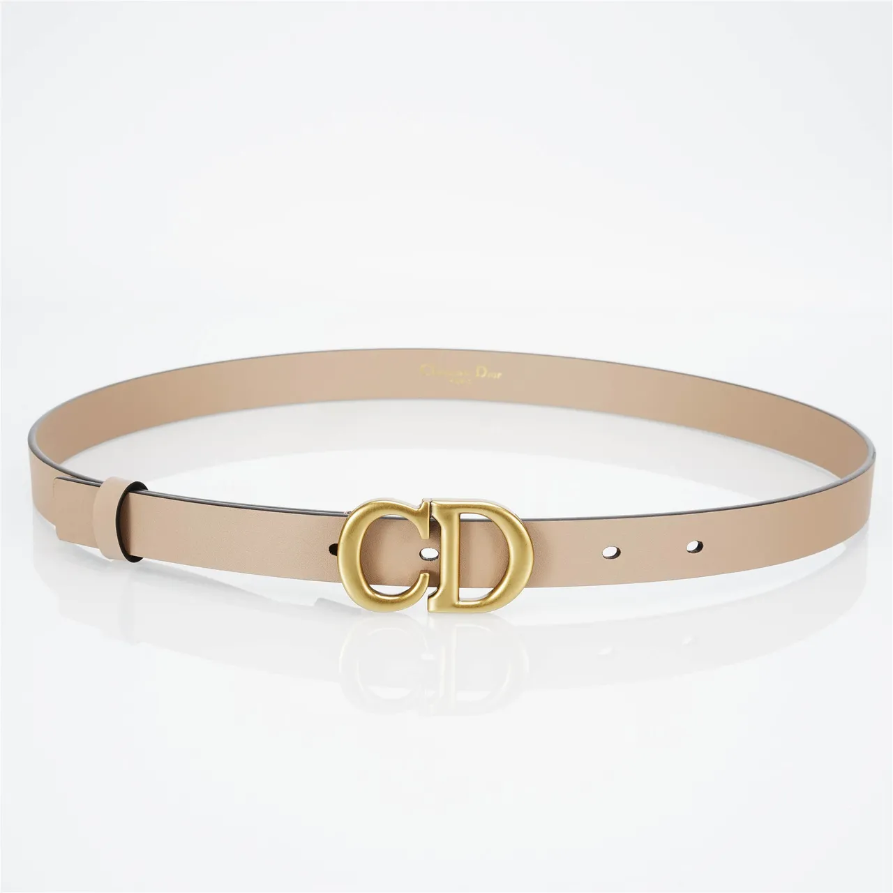 Dior CD Belt Beige Gold Narrow Brushed Buckle Leather Belt 9
