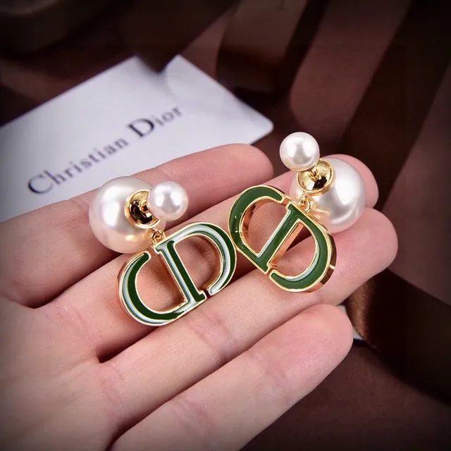 Dior CD Icon Green Enamel and Pearl Drop Earrings 2