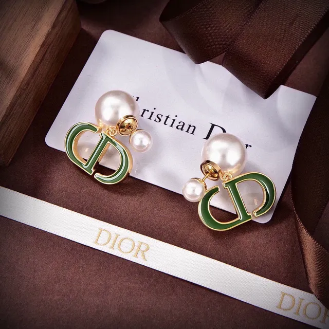 Dior CD Icon Green Enamel and Pearl Drop Earrings 3